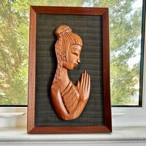 Vintage Hand-Carved Teak Woman Praying Buddha Wall Art, Prayer Pose Relief Panel